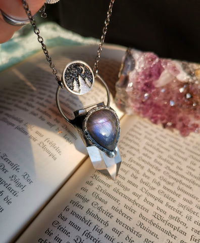 Clear quartz and purple labradorite forest necklace