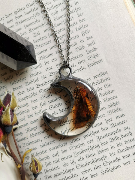 Moth resin moon necklace