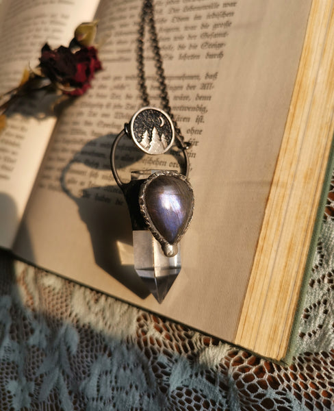 Clear quartz and purple labradorite forest necklace