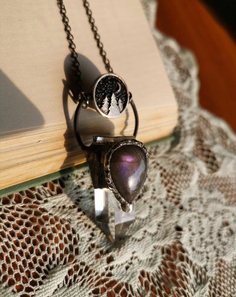 Clear quartz and purple labradorite forest necklace