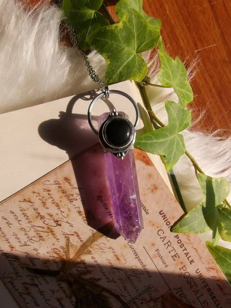 Amethyst and obsidian oriental necklace