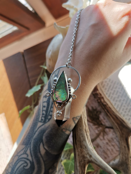 Clear quartz and abalone shell necklace