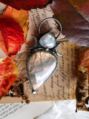 Pastel pink/coral labradorite and rainbow moonstone pendant