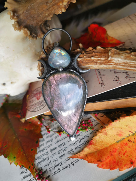 Pastel pink/coral labradorite and rainbow moonstone pendant