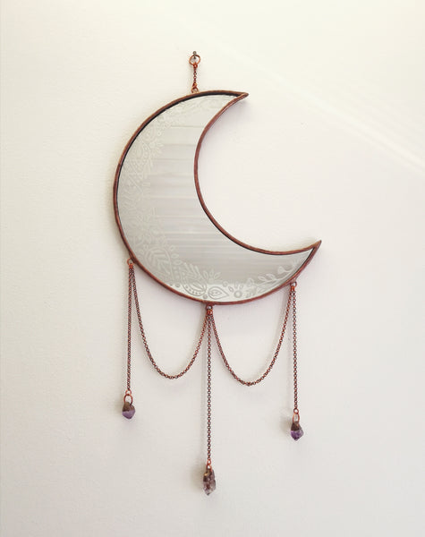 Engraved crescent mirror - copper patina