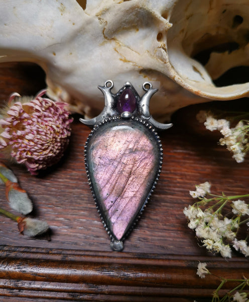 Pastel purple/pink labradorite and amethyst pendant