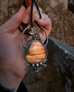 Botanical pendant with orange labradorite
