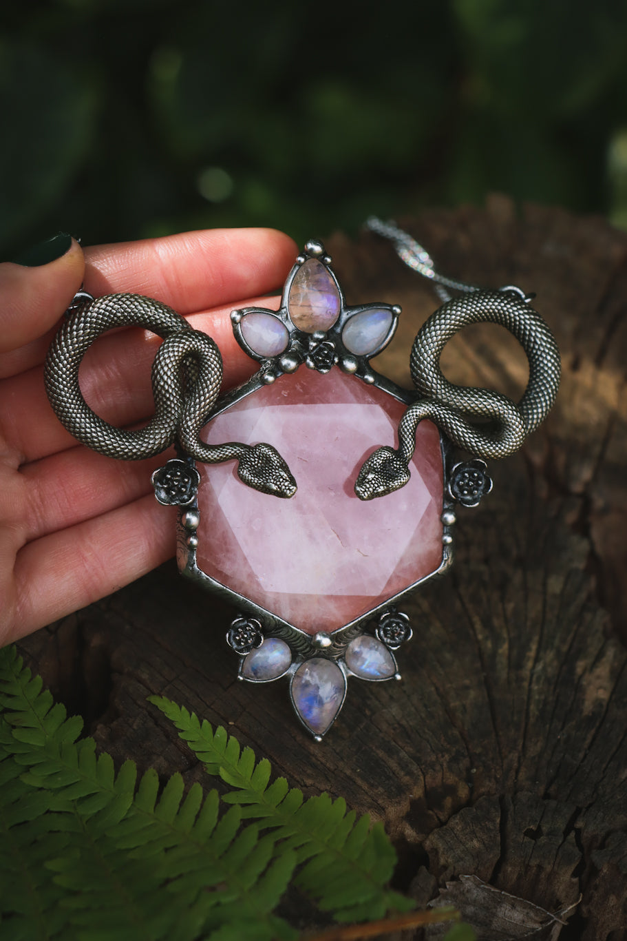 "Zaynab" rose quartz snake necklace
