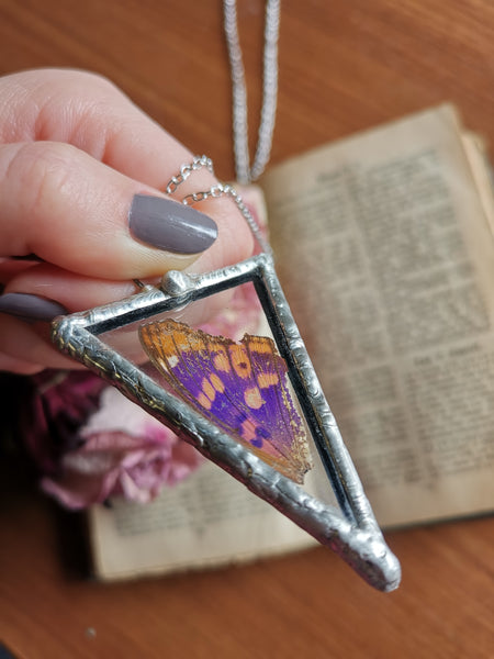 Glass triangle Apatura iris butterfly necklace
