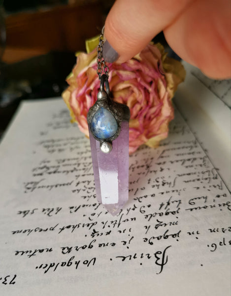 Amethyst crystal point with moonstone