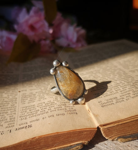 Golden rutilated quartz adjustable ring