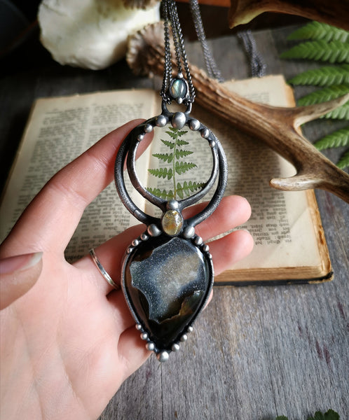 Fern and black druzy agate necklace
