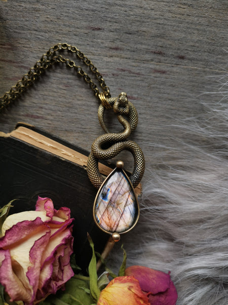 "Brass serpent necklace" with pastel pink labradorite