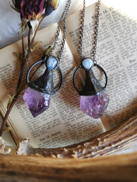 Amethyst point and rainbow moonstone necklace #2