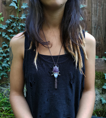 Amethyst and dendritic agate fringe pendant