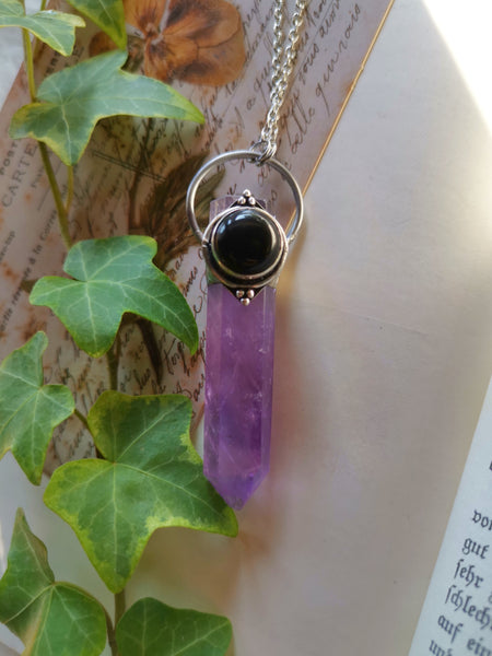 Amethyst and obsidian oriental necklace