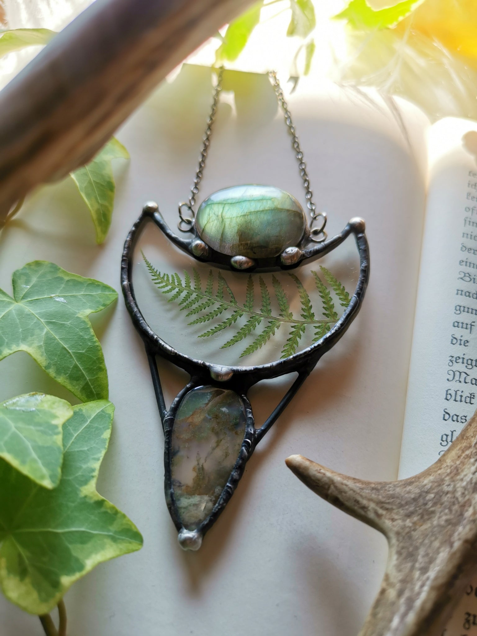 Fern necklace with labradorite and moss agate