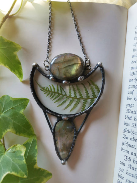 Fern necklace with labradorite and moss agate