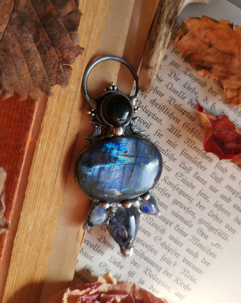 Purple/blue labradorite necklace with moonstone and black obsidian