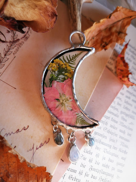 Cvetlična ogrlica iz steklene lune z mesečevim kamnom in labradoritom