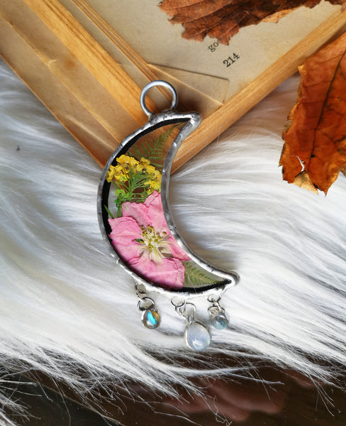 Cvetlična ogrlica iz steklene lune z mesečevim kamnom in labradoritom