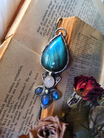 Blue/green labradorite and moonstone tribal pendant