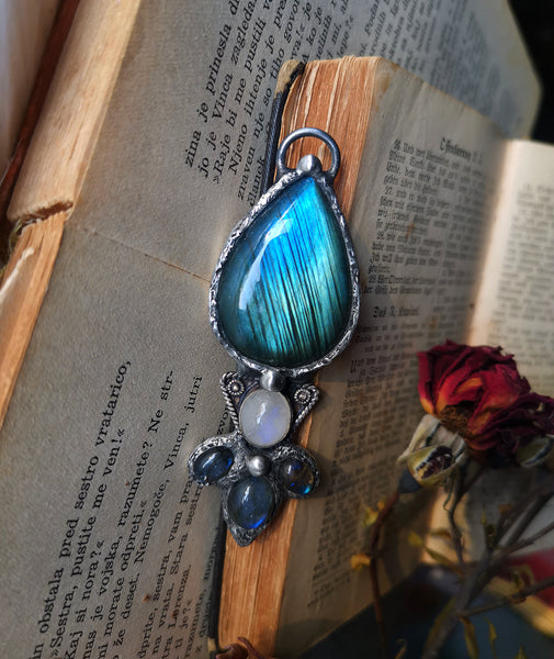 Blue/green labradorite and moonstone tribal pendant