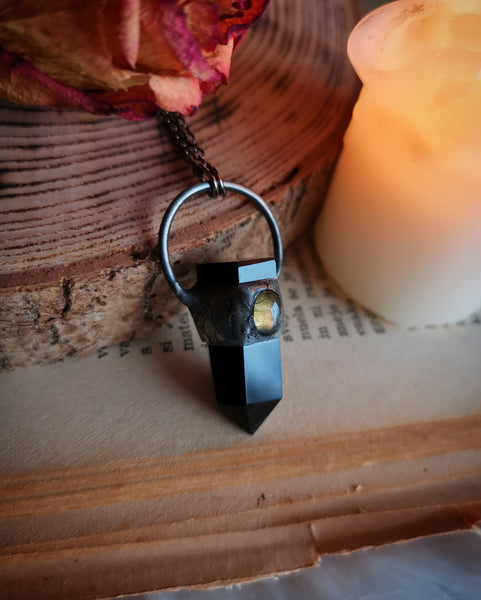 Black obsidian small point pendant with yellow labradorite