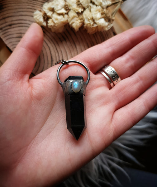 Black obsidian medium point pendant with blue labradorite