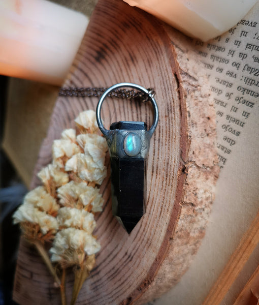 Black obsidian medium point pendant with blue labradorite