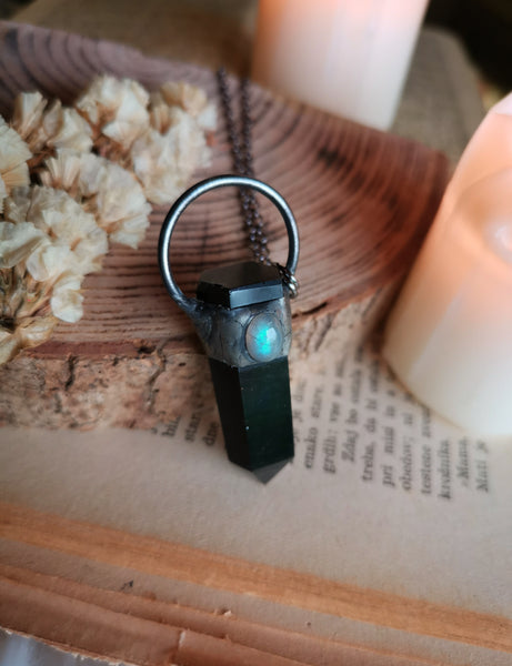 Black obsidian medium point pendant with blue labradorite