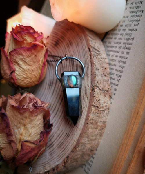 Black obsidian medium point pendant with green labradorite