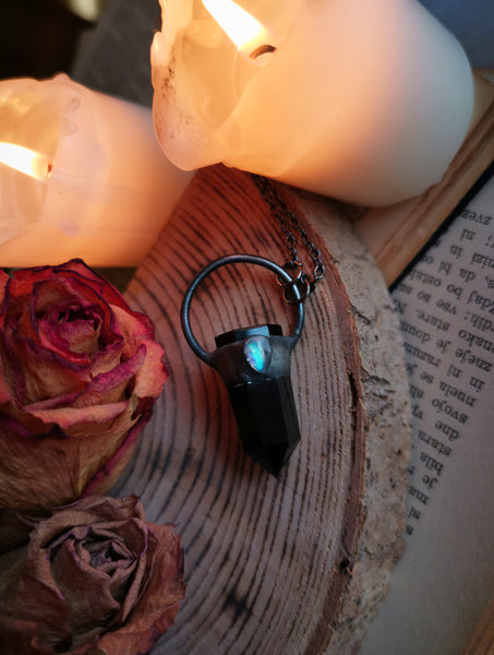 RESERVED! Black obsidian small point pendant with moonstone