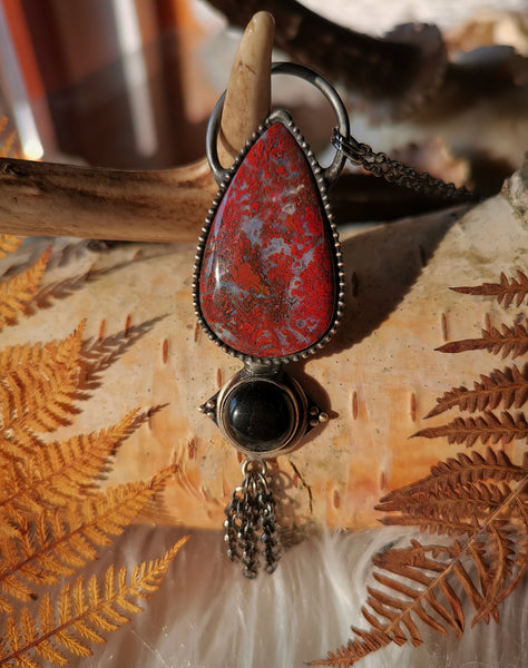 Red moss agate and black obsidian necklace