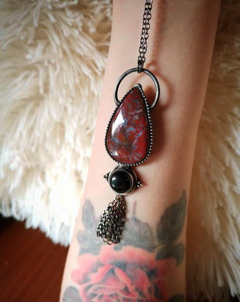 Red moss agate and black obsidian necklace