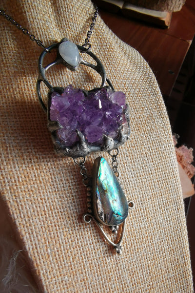 "The crystal garden" amethyst, moonstone and abalone shell necklace
