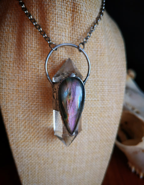 Clear quartz and purple labradorite pendant