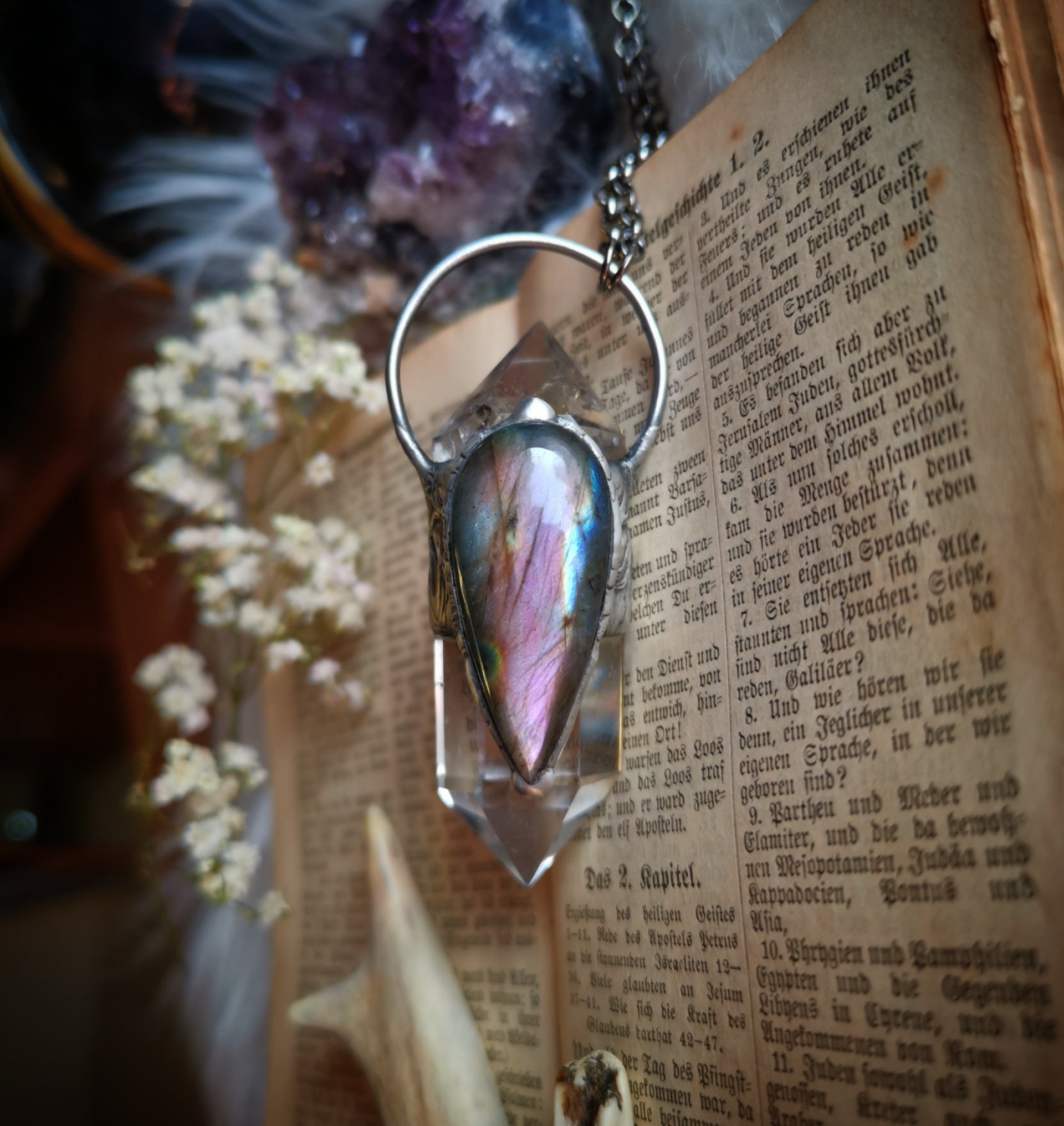 Clear quartz and purple labradorite pendant
