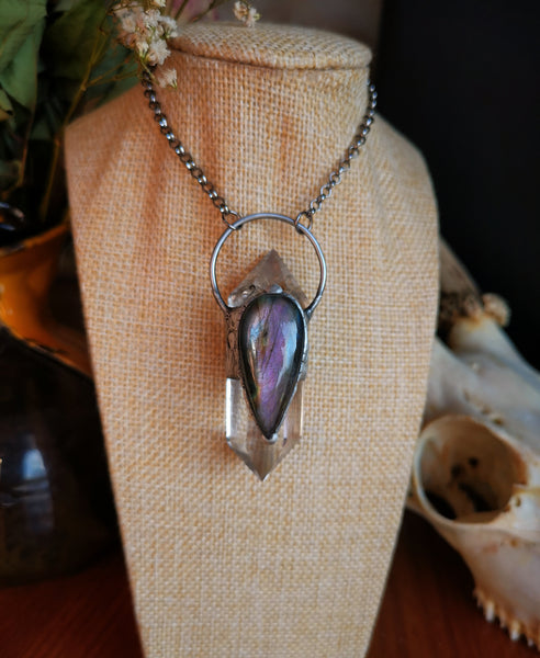 Clear quartz and purple labradorite pendant