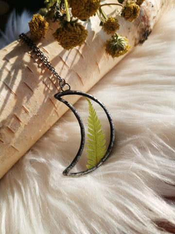 Fern glass crescent moon pendant #2