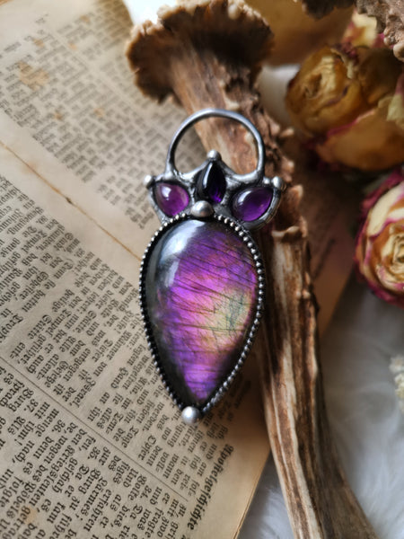 Purple labradorite and amethyst pendant