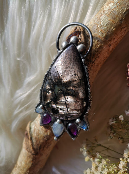 Hypersthene pendant with amethyst and rainbow moonstones