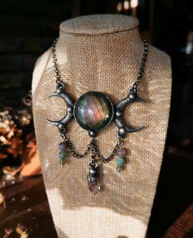 Triple moon labradorite chandelier necklace