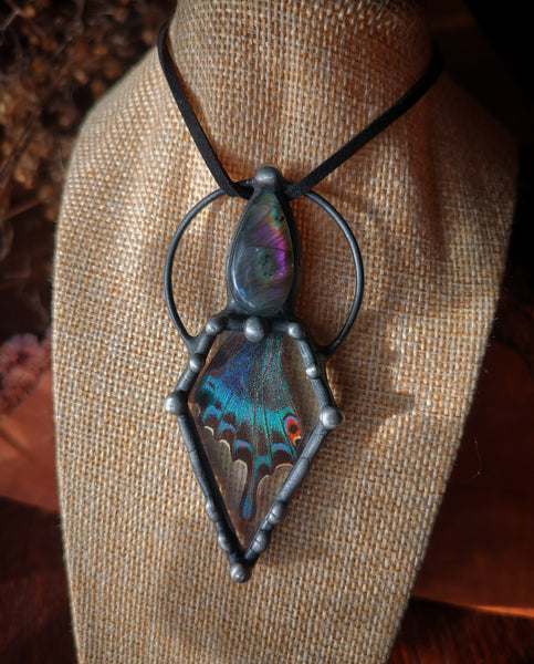 Purple labradorite and butterfly wing pendant