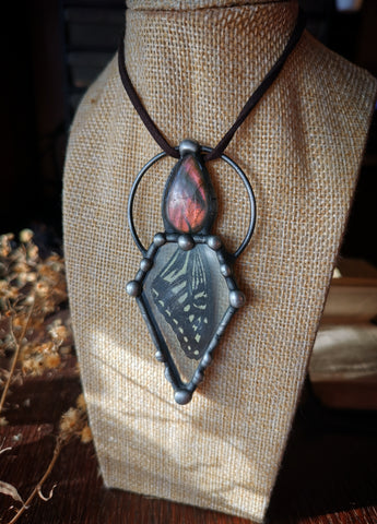 Orange labradorite and butterfly pendant