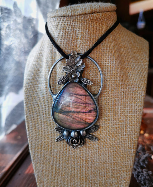 Botanical pendant with orange labradorite