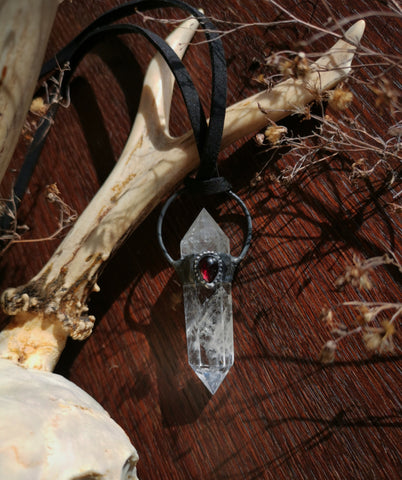 Clear quartz and red garnet pendant