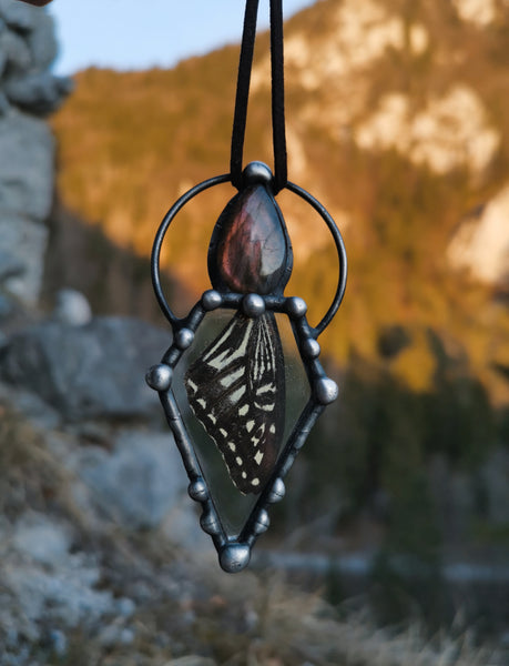 Orange labradorite and butterfly pendant