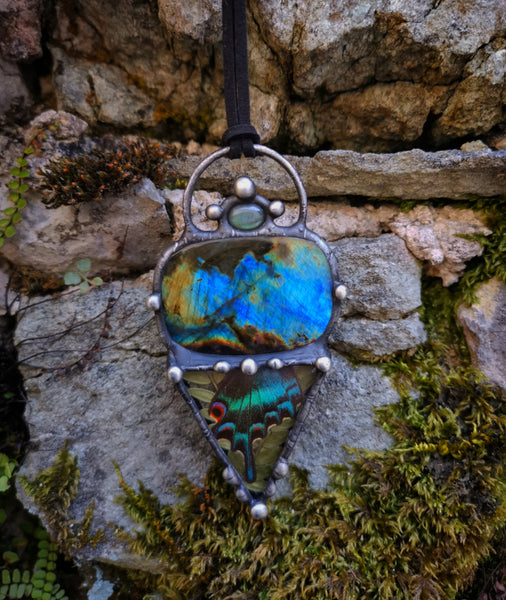 Tribal labradorite and butterfly pendant