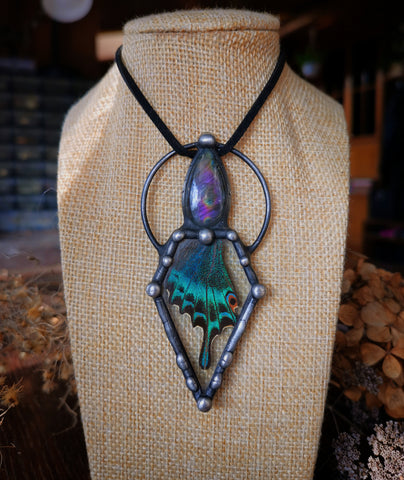 Purple labradorite and butterfly wing pendant